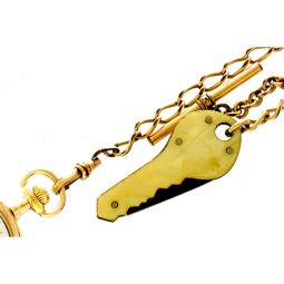 POCKET WATCH CHAIN CA1910 | T-BAR YELLOW GOLD FILLED CHAIN WITH KEY SHAPED POCKET KNIFE